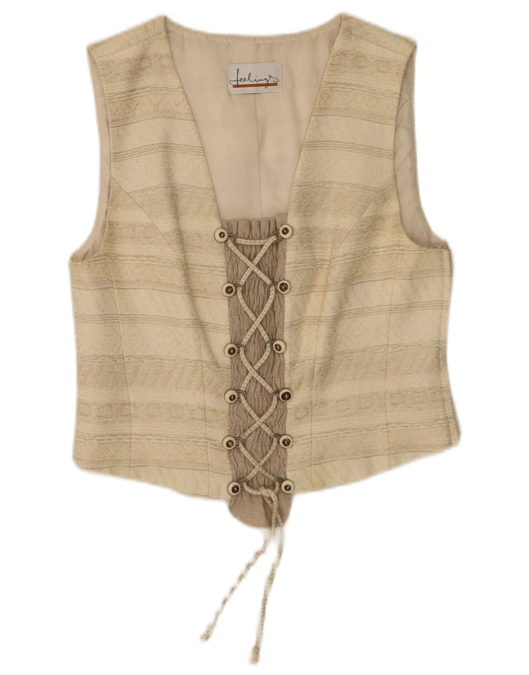 Vintage mujer crop top Reino Unido 12 acetato de rayas beige medio