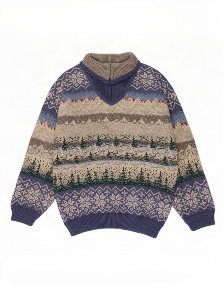 Vintage hombres zip cuello jumper suéter medio multicolor Fair Isle