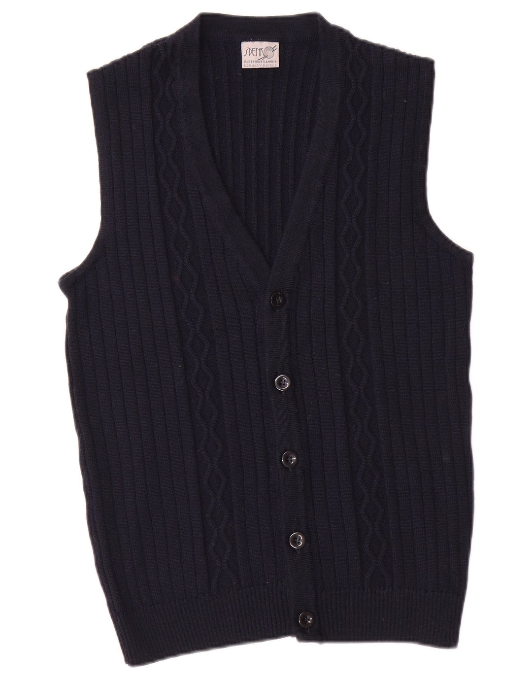 Vintage hombres sin mangas Cardigan suéter pequeño azul marino