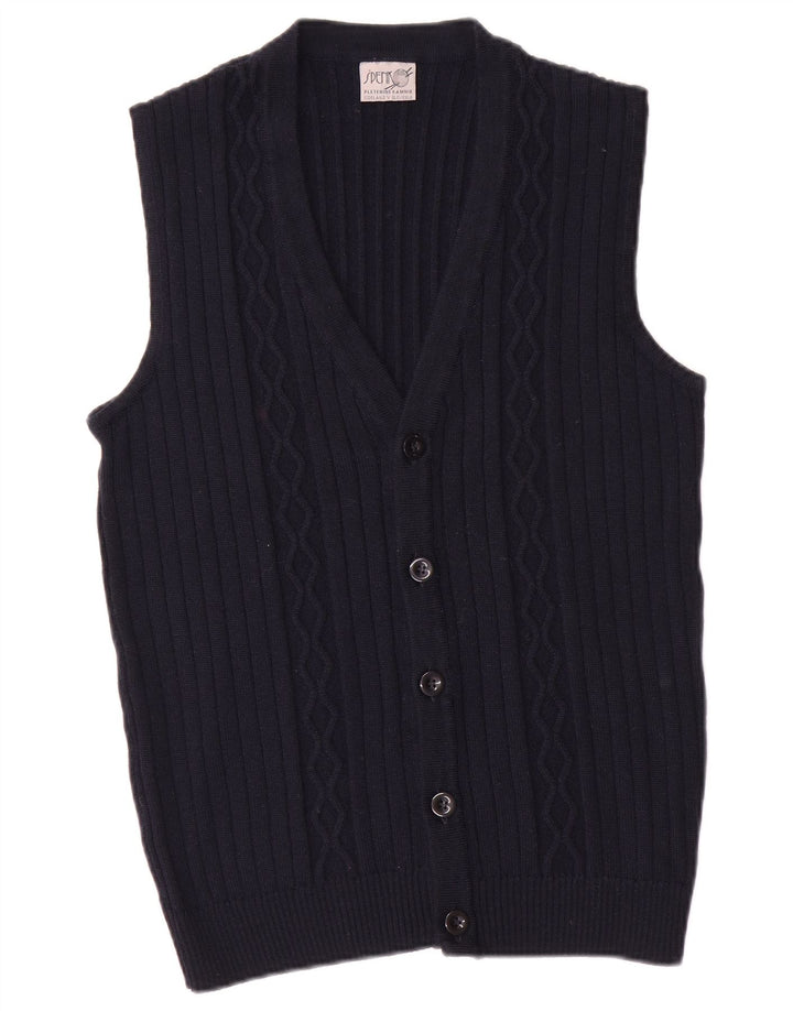 Vintage hombres sin mangas Cardigan suéter pequeño azul marino