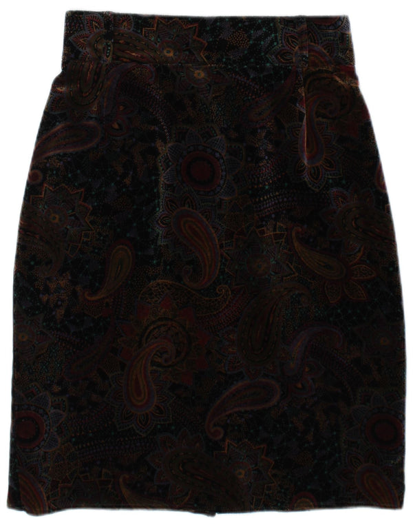 Vintage mujer terciopelo lápiz falda IT 42 Medio W28 Marrón Paisley Algodón
