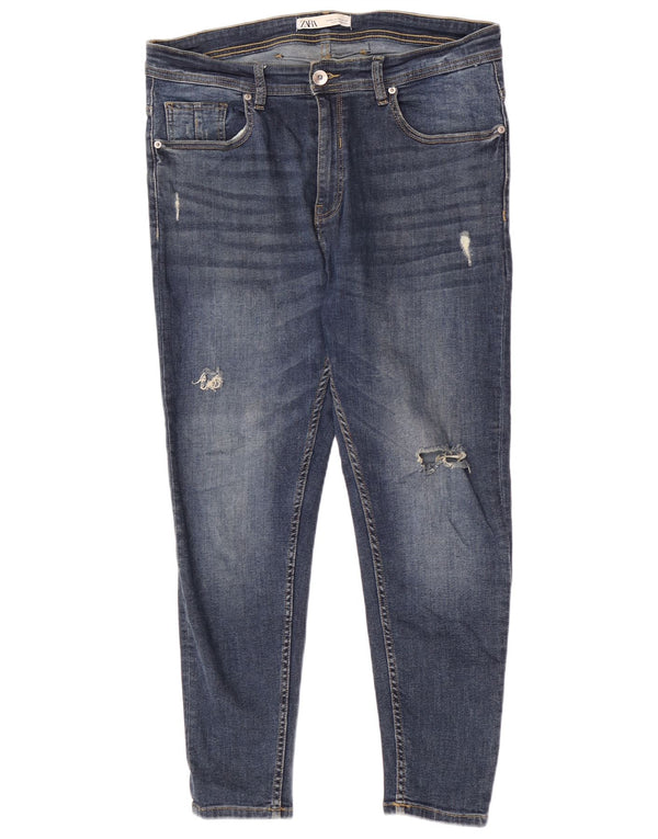 Zara Jeans ajustados recortados desgastados para hombre EU 44 Large W34 L26 Algodón azul
