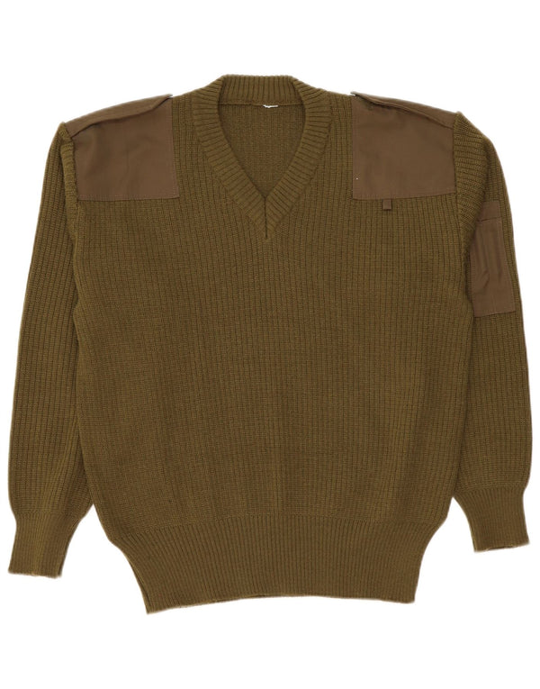 Vintage hombres militar V-cuello jumper suéter grande caqui ejército