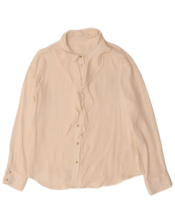 Vintage mujer volante camisa delantera blusa Reino Unido 12 blanco medio