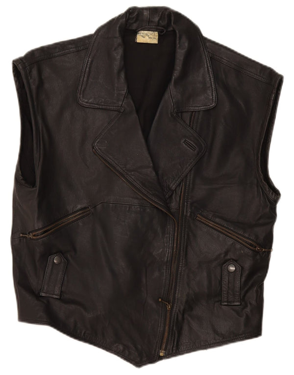 Vintage Womens Leather Gilet IT 44 Medium Black Leather
