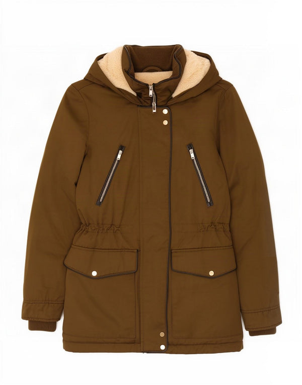 Zara Mujer Trafaluc Parka Sherpa con Capucha UK 6 XS Poliéster Caqui
