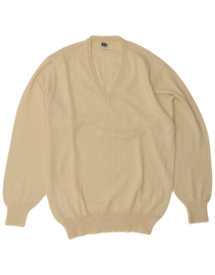 Vintage hombres V-cuello jumper suéter IT 52 lana beige grande
