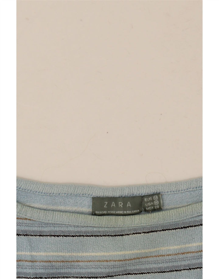 Zara Mujer Crop Top Manga 3/4 UK 42 Mediano Azul Rayas