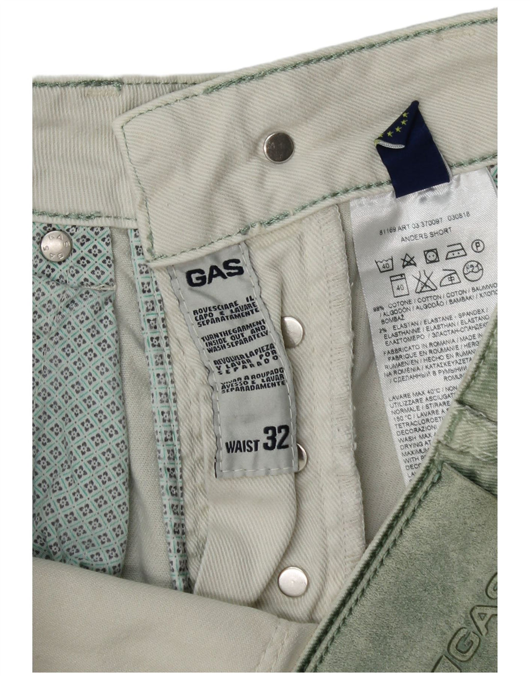 Shorts vaqueros para hombre Gas W32 Algodón verde medio