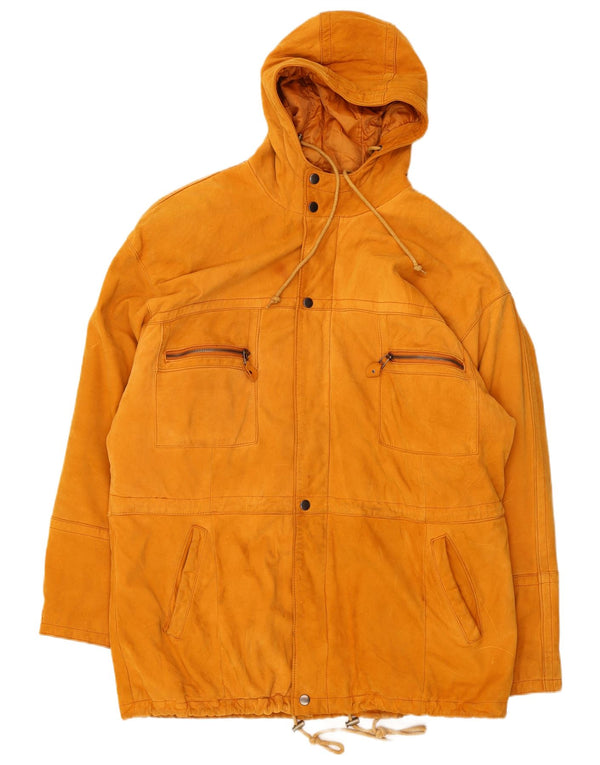 Vintage hombres con capucha chaqueta de ante Reino Unido 38 cuero marrón medio