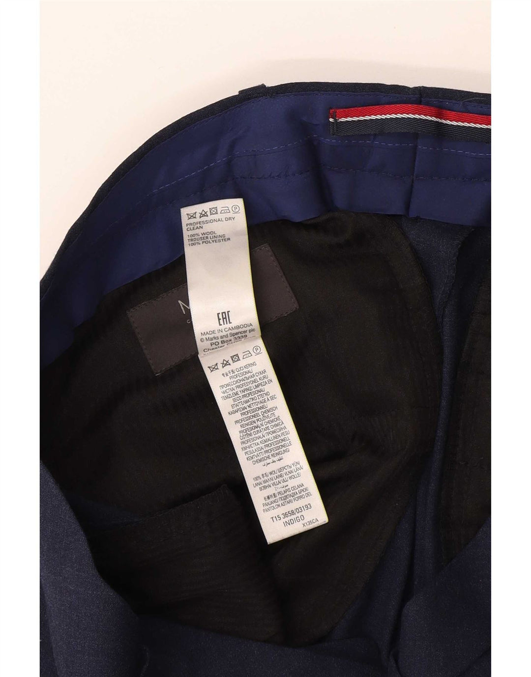 Marks & Spencer Pantalón de traje ajustado para hombre W32 L31 Lana azul marino