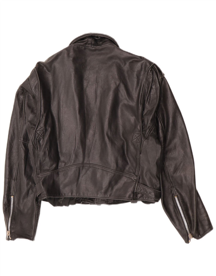 Vintage mujer crop cuero biker chaqueta Reino Unido 12 cuero negro medio