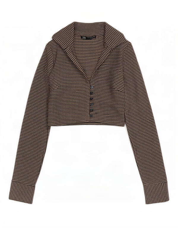 Zara Blusa Corta Mujer UK 6 XS Marrón Pata De Gallo Poliéster