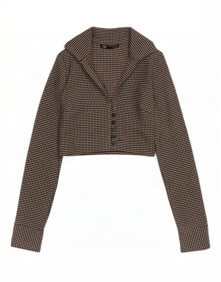Zara Blusa Corta Mujer UK 6 XS Marrón Pata De Gallo Poliéster