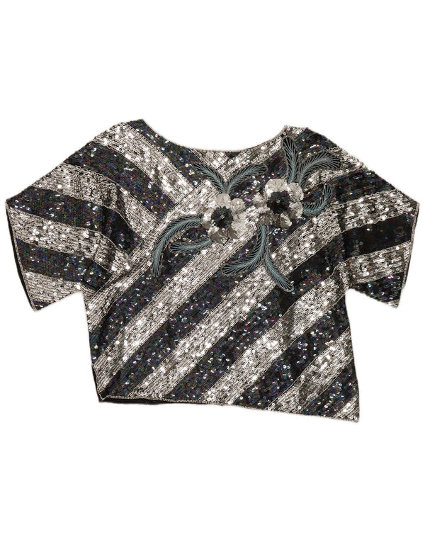 Vintage mujer crop gráfico blusa Top EU 40 Seda de rayas negras medianas