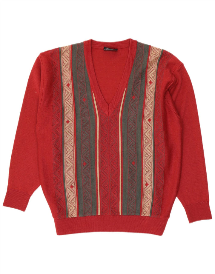 GABICCI Mens V-Neck Jumper Sweater Large Red Striped Wool