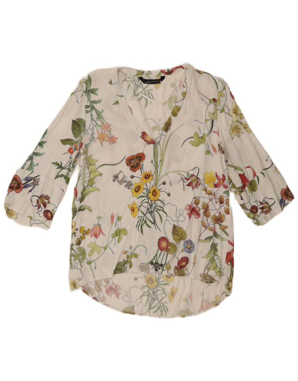 Zara Camisa tipo jersey holgada con manga 3/4 para mujer UK 4 XS Blanco Floral