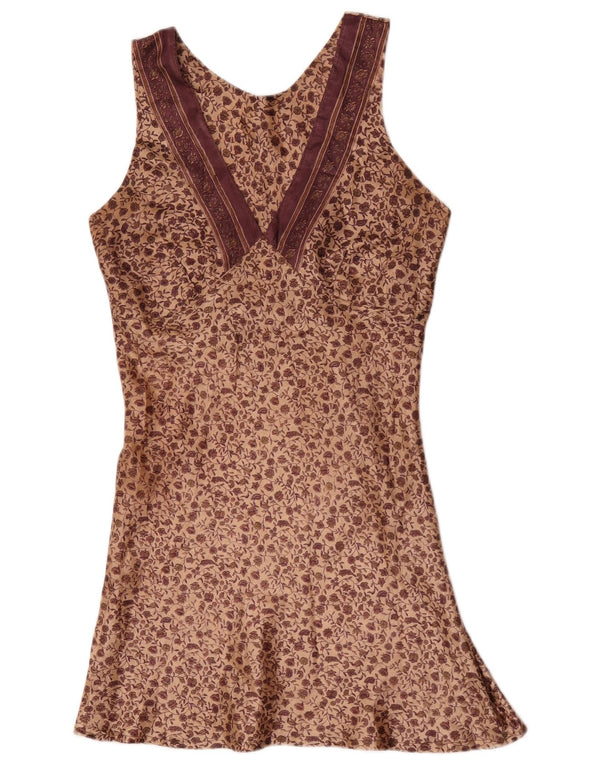 Vintage mujer slip vestido Reino Unido 10 pequeño marrón floral