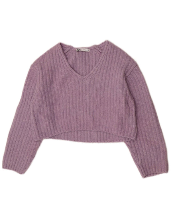 Zara Jersey corto con cuello en V para mujer UK 44 Poliéster morado medio