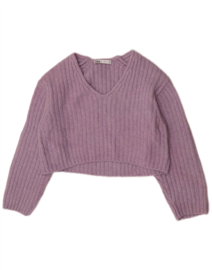 Zara Jersey corto con cuello en V para mujer UK 44 Poliéster morado medio