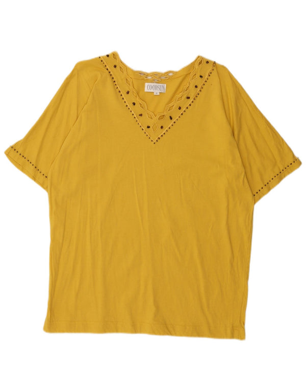Vintage mujer blusa Top Reino Unido 16 algodón amarillo grande