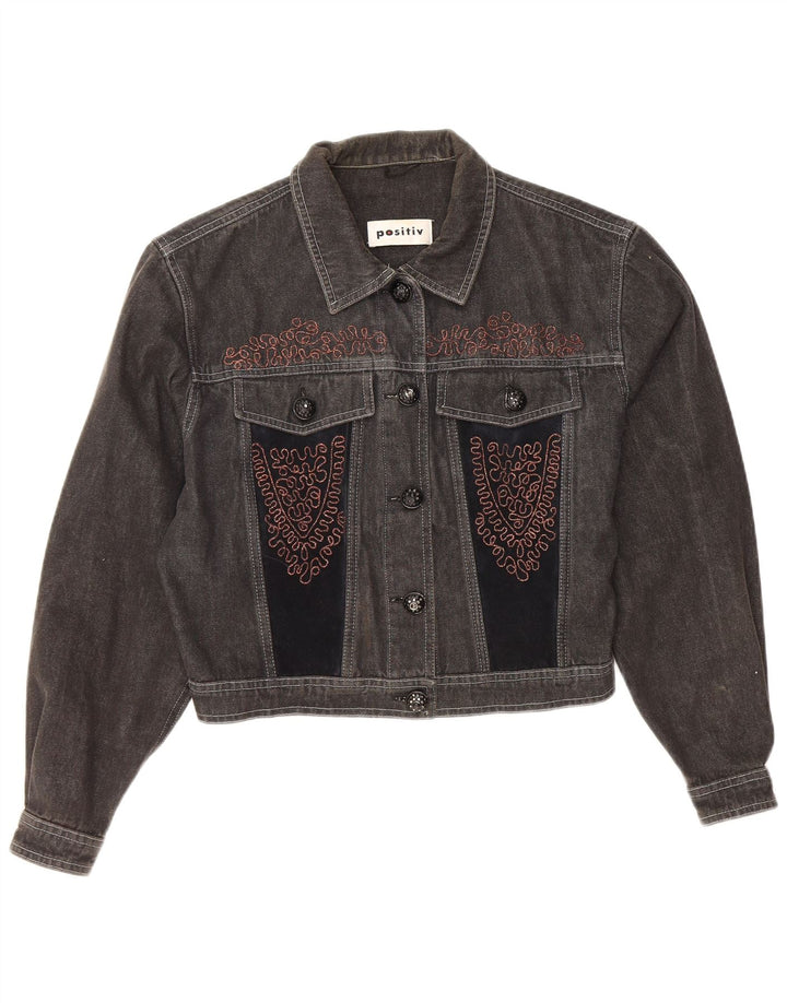 Vintage mujer crop denim chaqueta Reino Unido 12 bloque de color gris medio