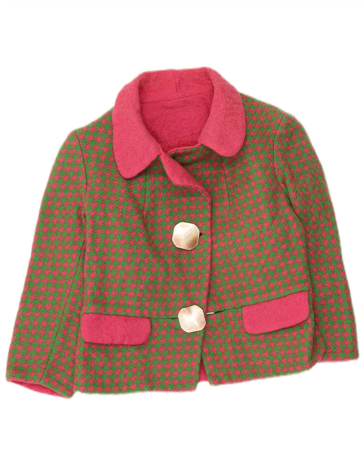 Vintage mujer 3/4 manga Blazer chaqueta Reino Unido 8 pequeño caqui pata de gallo