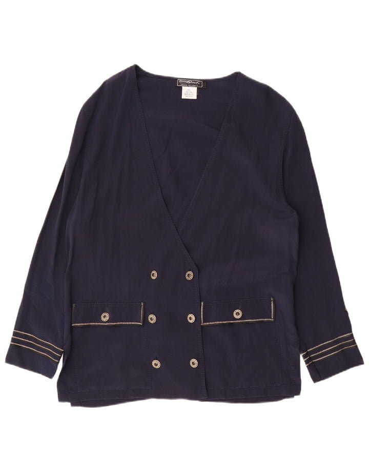 Vintage mujer doble pecho Blazer chaqueta Reino Unido 16 gran seda azul marino