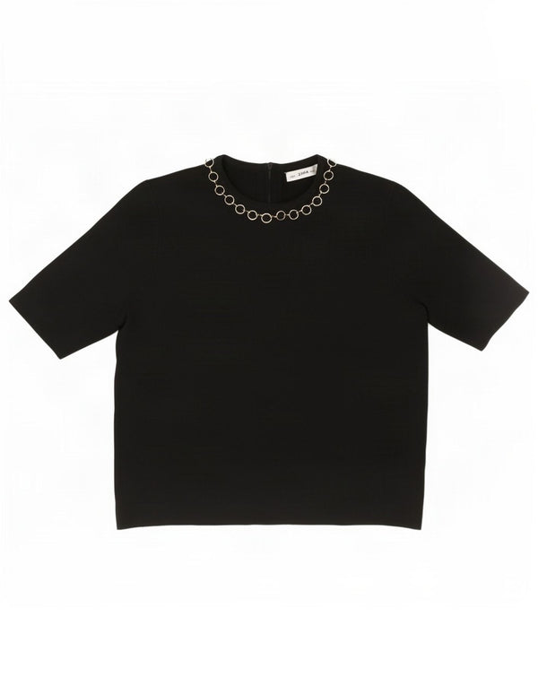 Zara Mujer Crop Blusa Top UK 10 Small Viscosa Negra