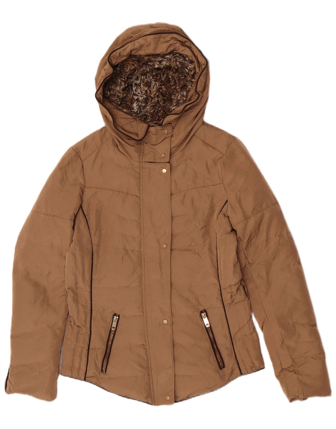 Zara Mujer Chaqueta Acolchada Con Capucha UK 44 Poliéster Beige Medio