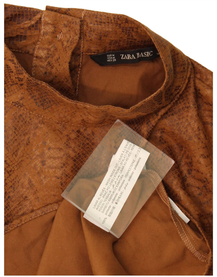Zara Mujer Blusa Top UK 44 Marrón Medio Estampado Animal Poliéster