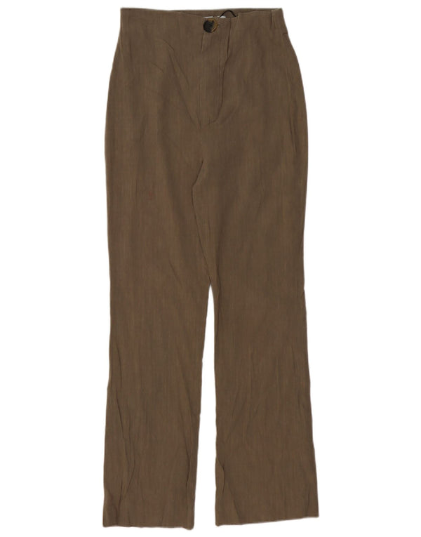 Zara Mujer Pantalones Chinos Rectos De Cintura Alta Pequeño W26 L27 Lino Marrón