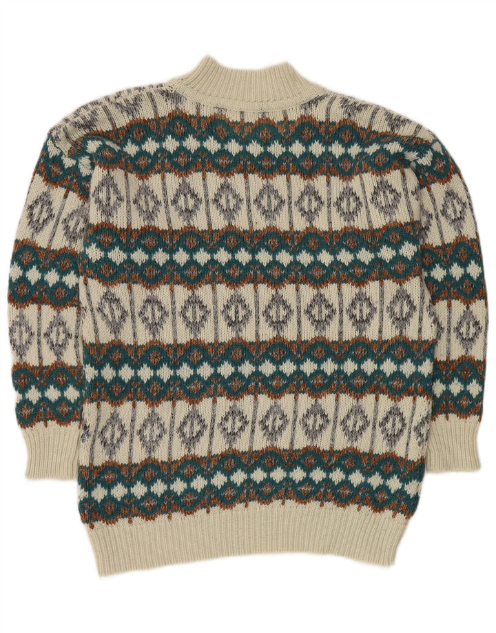 VINTAGE Hombres Turtle Neck Jumper Suéter Medio Blanco Fair Isle
