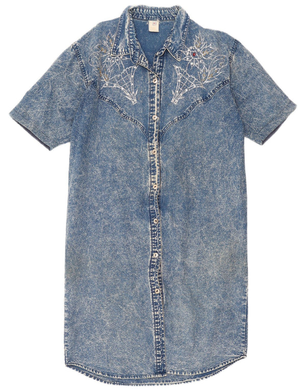 Vintage mujer manga corta denim camisa vestido Reino Unido 14 azul medio