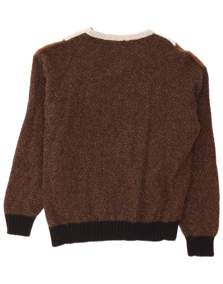 VINTAGE Suéter tipo jersey con cuello en V para hombre Bloque de color marrón grande
