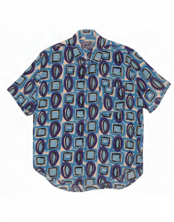 Camisa Vintage Hombre Manga Corta Viscosa Geométrica Azul Medio