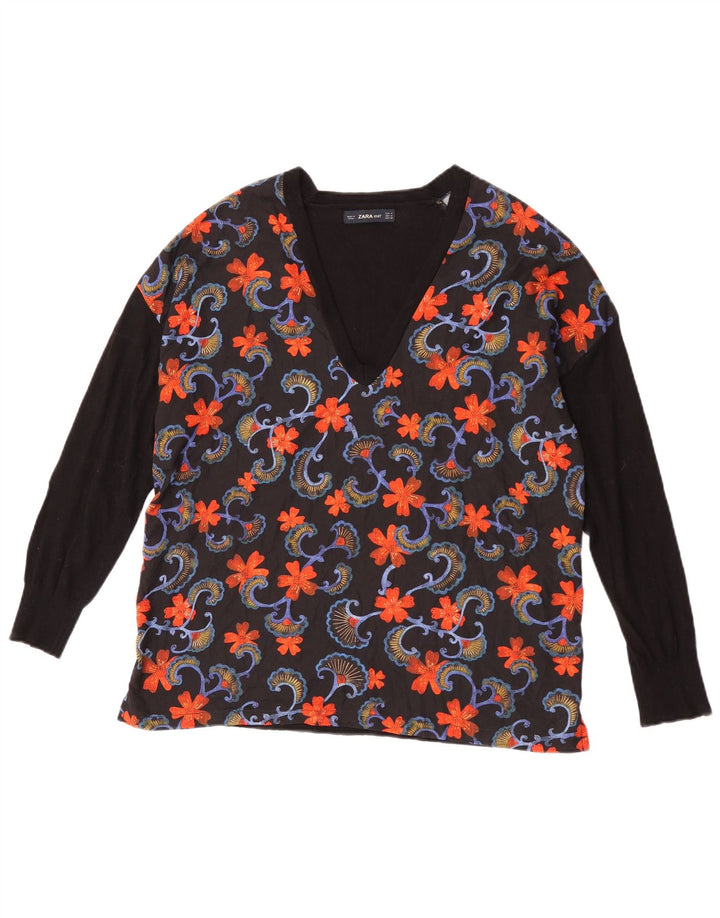 Zara Mujer Top Manga Larga UK 44 Mediano Lana Floral Negra