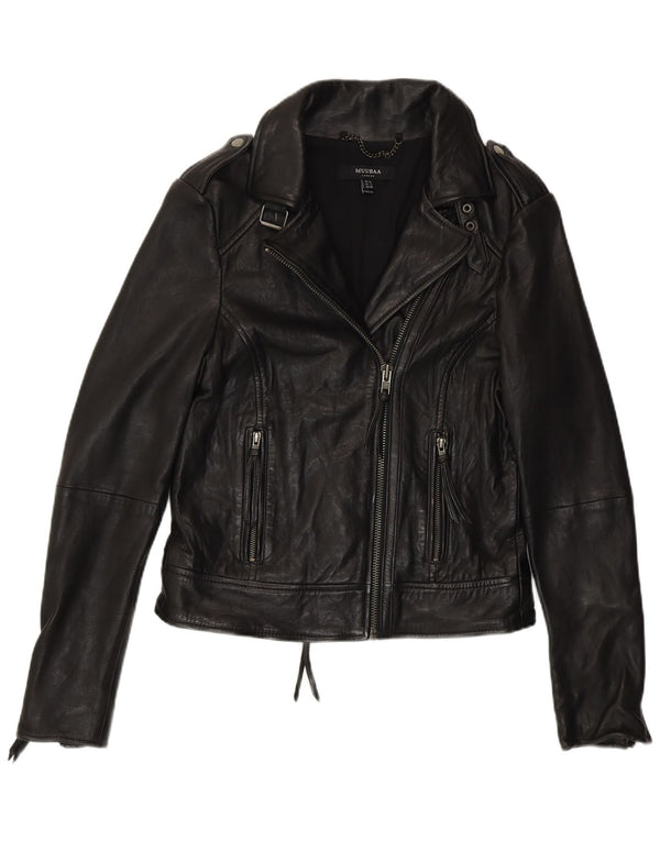 Muubaa Chaqueta motera de cuero para mujer UK 42 Medium Black Leather