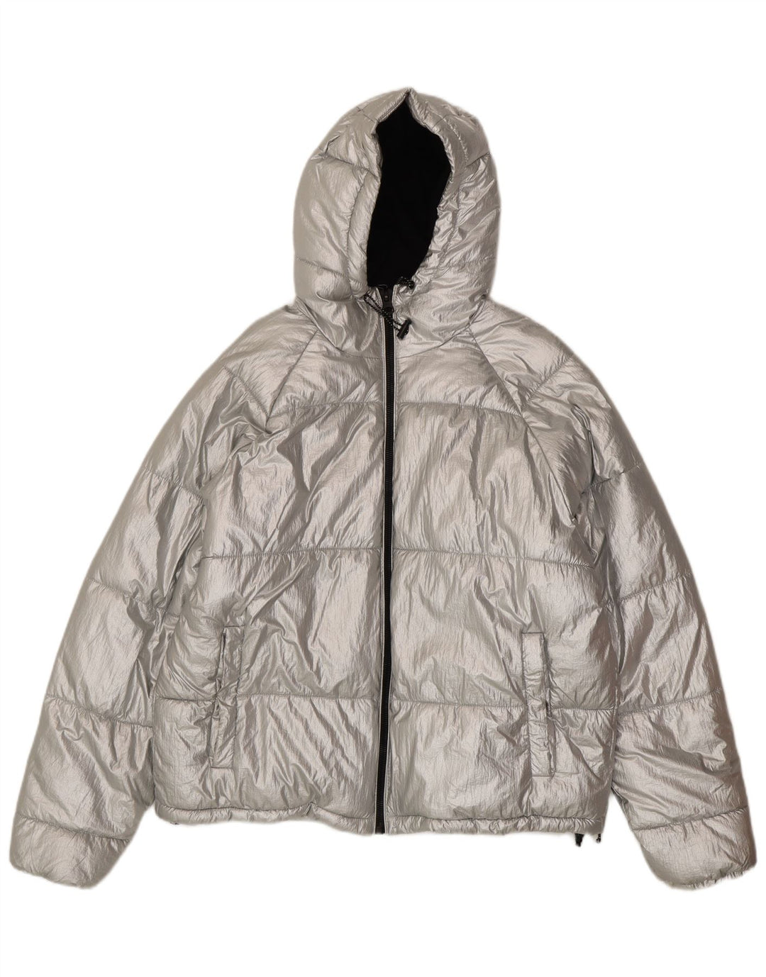 Zara Chaqueta Acolchada Con Capucha Y Gráfico Extragrande Para Mujer EU 38 Small Silver Nylon