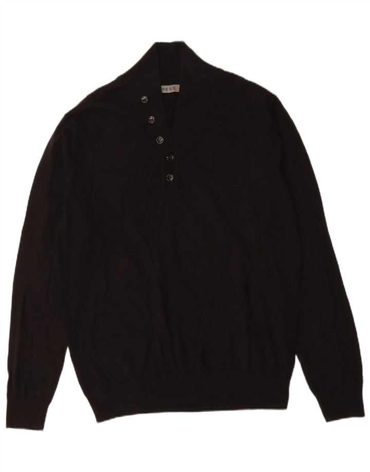 Reiss Jersey con cuello y botones para hombre, talla grande, algodón negro