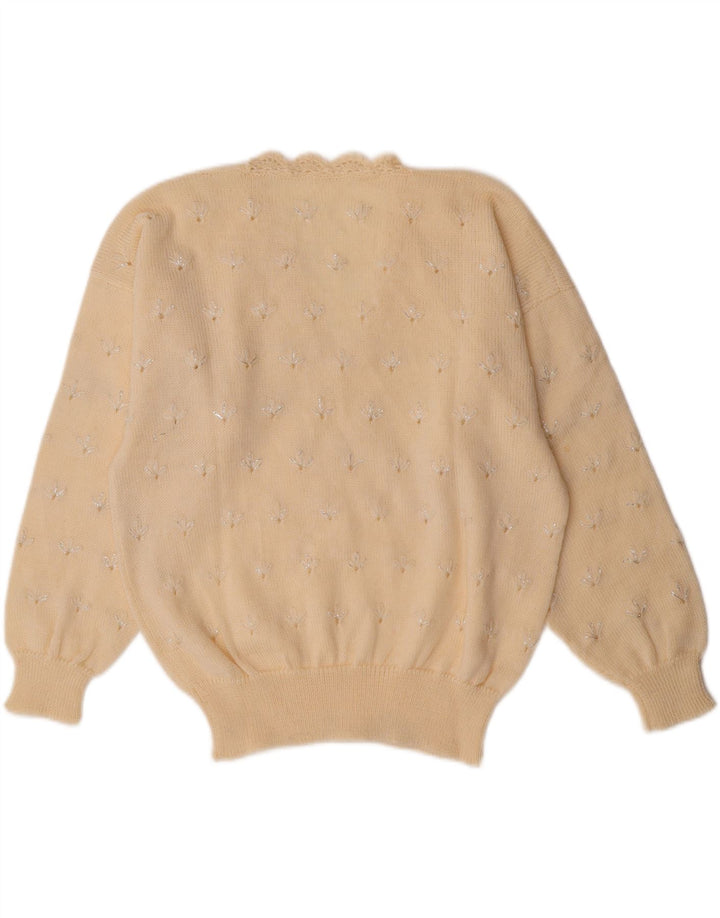 VINTAGE Mujer V-Cuello Jumper Suéter Reino Unido 14 Medio Off Blanco Floral