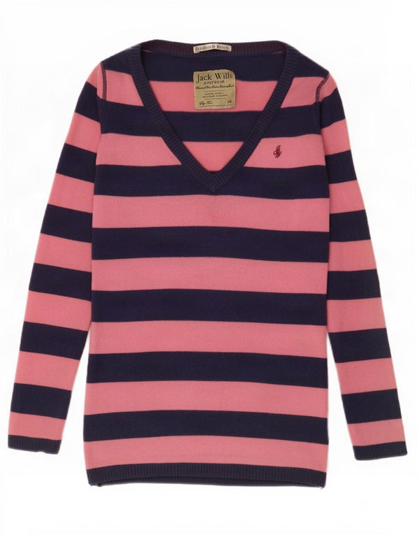 Jack Wills Jersey con cuello en V para mujer UK 10 Small Pink Stripes Lambswool