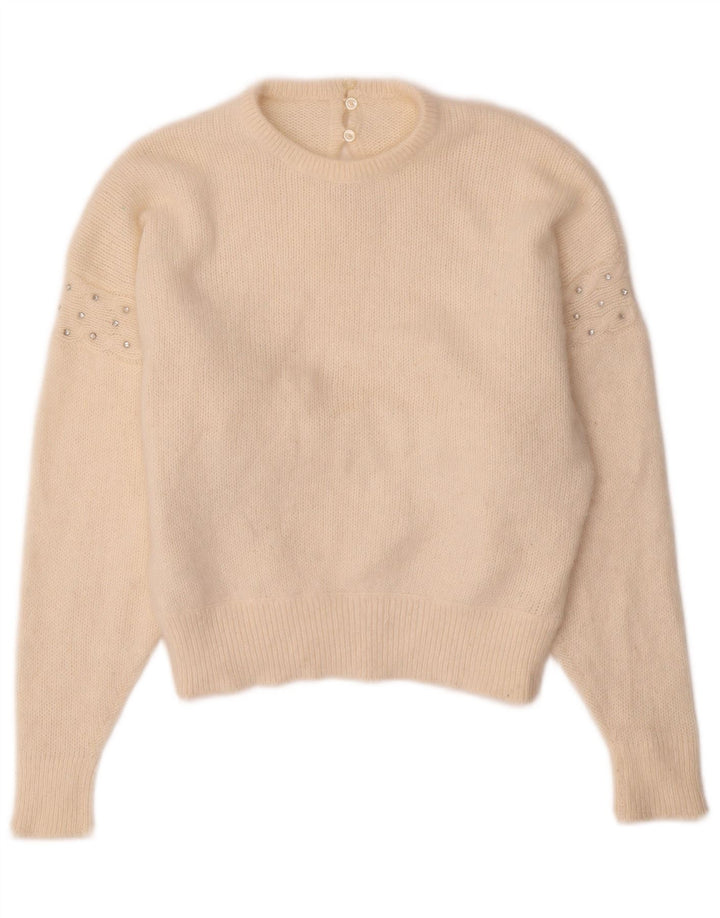 VINTAGE Mujer Crew Neck Jumper Suéter Reino Unido 14 Medio Blanco Apagado