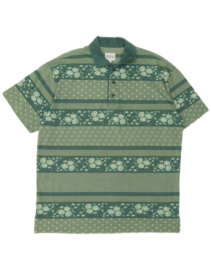 BENETTON Mens Polo Shirt Large Green Floral