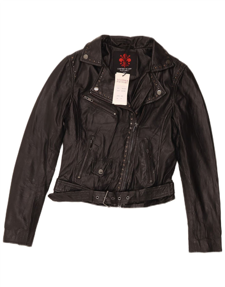 Vintage mujer cuero biker chaqueta IT 40 pequeño cuero negro