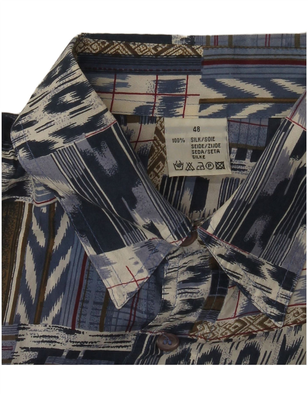 Camisa vintage de manga corta para hombre IT 48 Seda patchwork azul medio