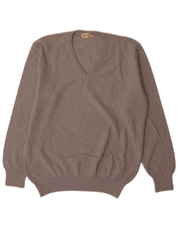 Vintage hombres V-cuello jumper suéter IT 54 XL gris Argyle/lana de diamante