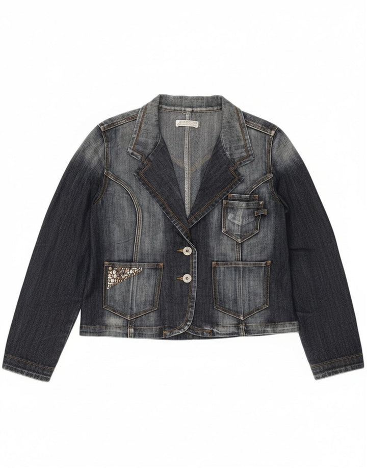 Vintage mujer 2 botones denim Blazer chaqueta Reino Unido 14 azul marino medio