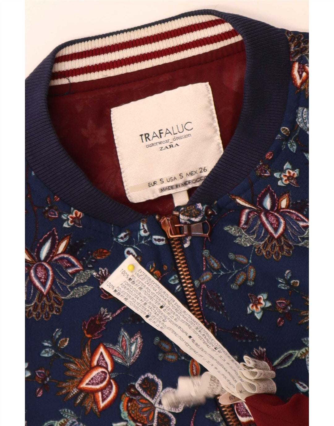 Zara Mujer Trafaluc Bomber Jacket UK 10 Small Azul Marino Floral Poliéster