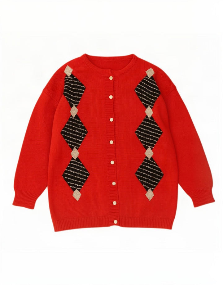 Vintage mujer Cardigan suéter Reino Unido 16 grande rojo Argyle/Diamante